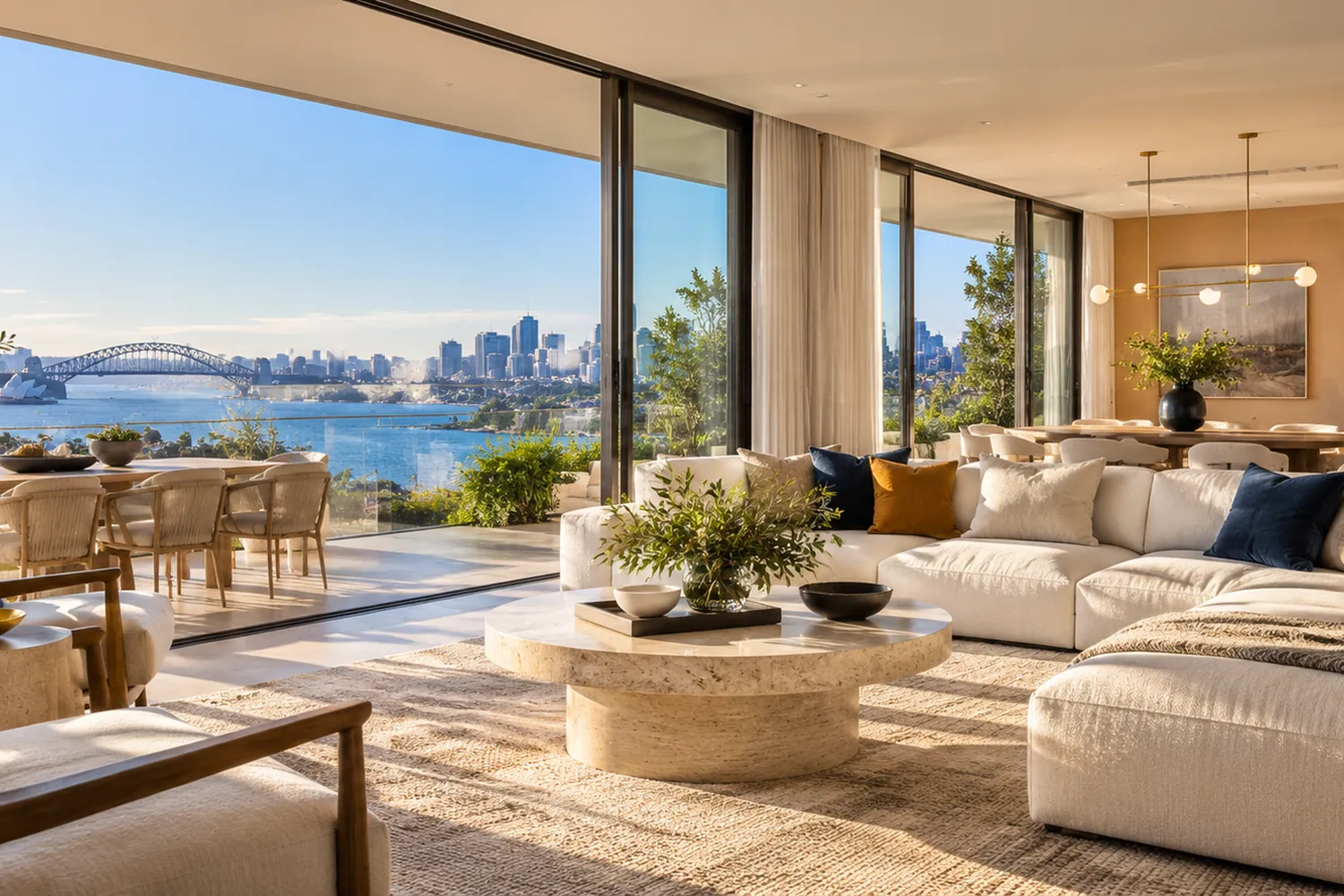Contemporary light-filled living room overlooking Sydney Harbour; illustrative image